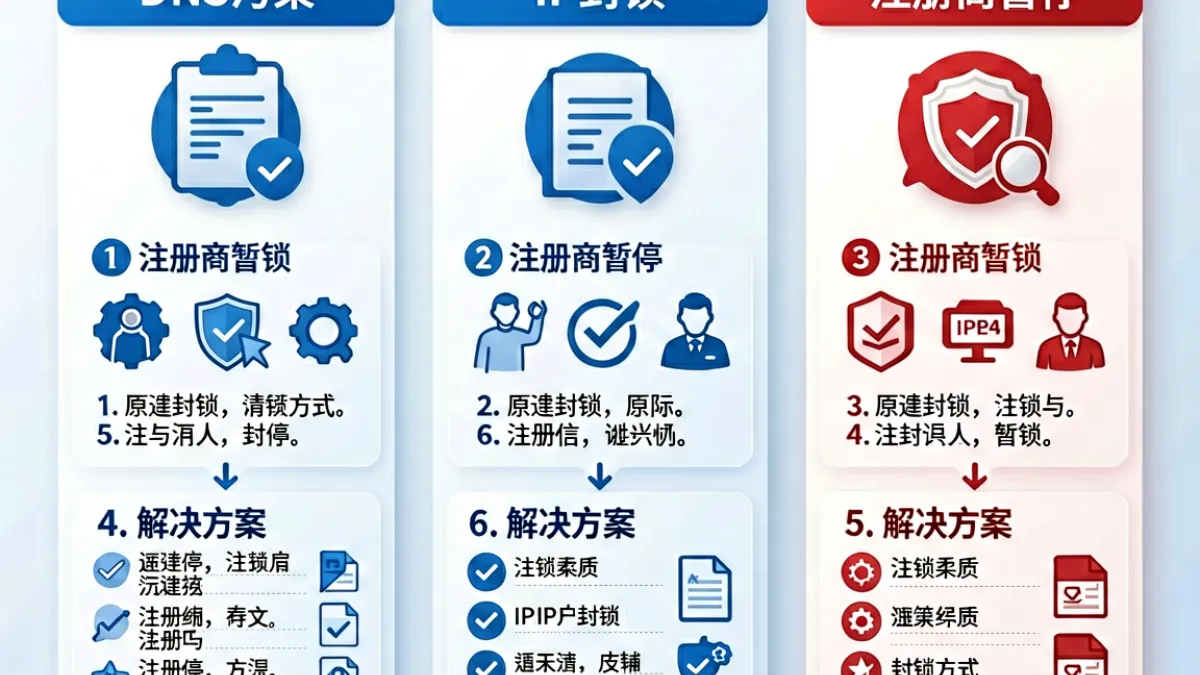 三种网站封锁手段对比示意图：DNS污染、IP封锁与注册商暂停的技术原理与应对方式